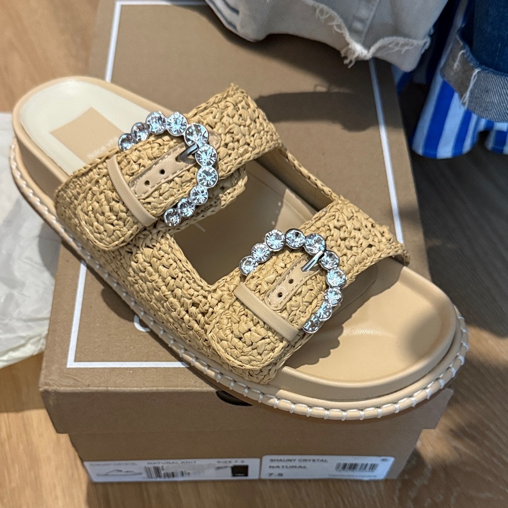 Dolce Vita Raffia Crystal Buckle Slide Sandals - Beige